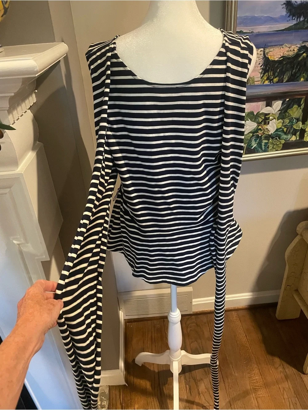 J. Crew Navy and White Striped V-Neck Peplum Tunic. Fabulous! Adjustable.